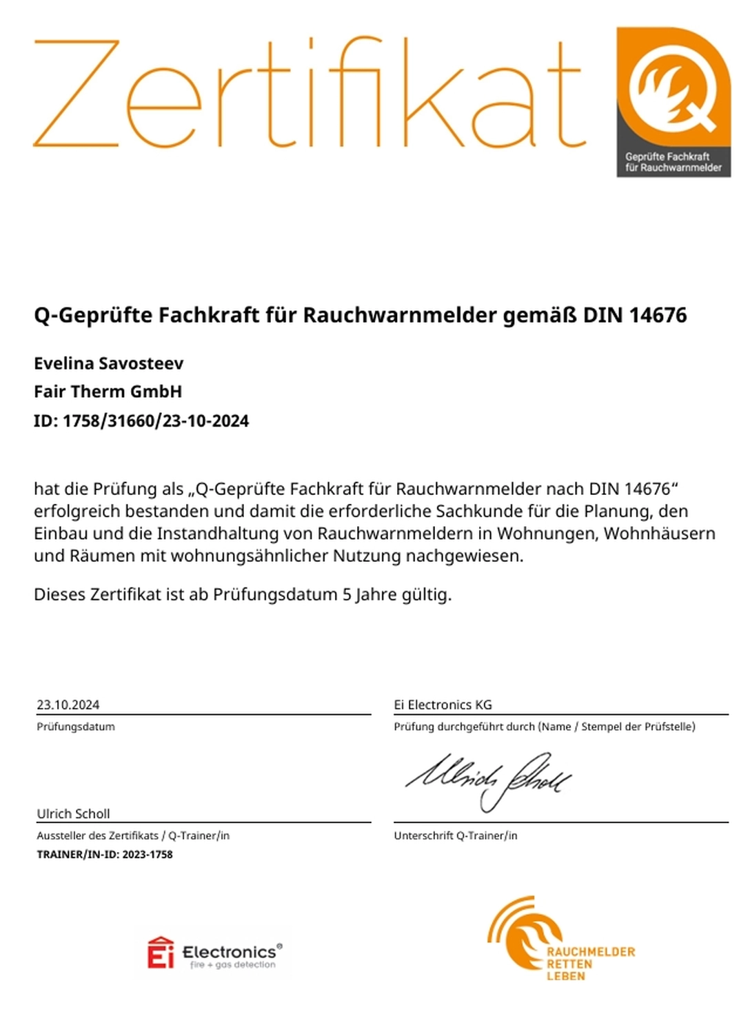 Fair Therm GmbH - Rechtskonforme Abrechnung und Analyse -Zertifikat